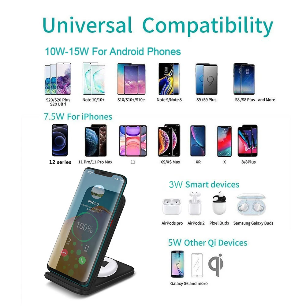 20w qi wireless charger stand 2 in 1 fast charging dock station for iphone 13 12 11 xs xr x 8 airpods 3 pro samsung s21 s20 buds free global shipping