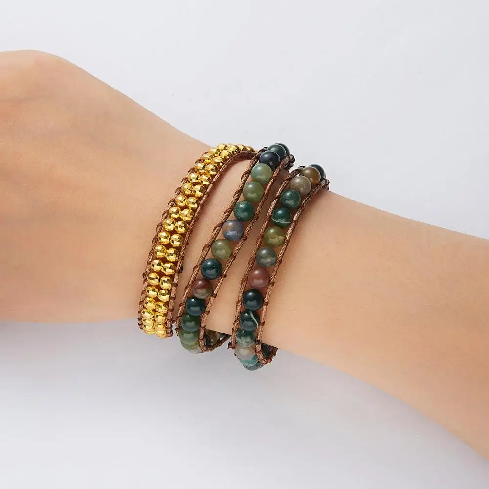 Women Bohemian Bracelets Vintage Multi-layer Leather Wrap Bracelet Handmade Rope Indian Natural Stone Bracelets Dropship