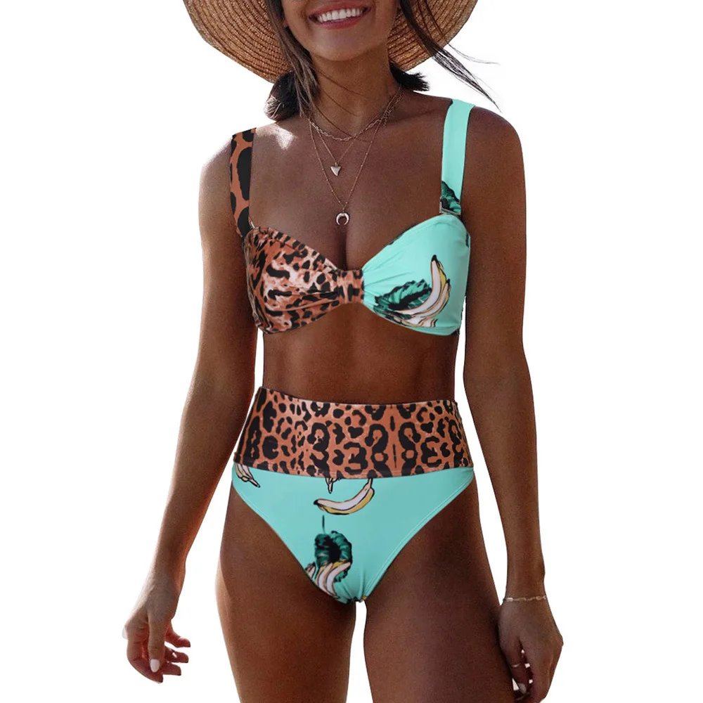 

Trend Stitching Leopard Print Triangle Swimwear European and American Beach Bikinis String Bikini