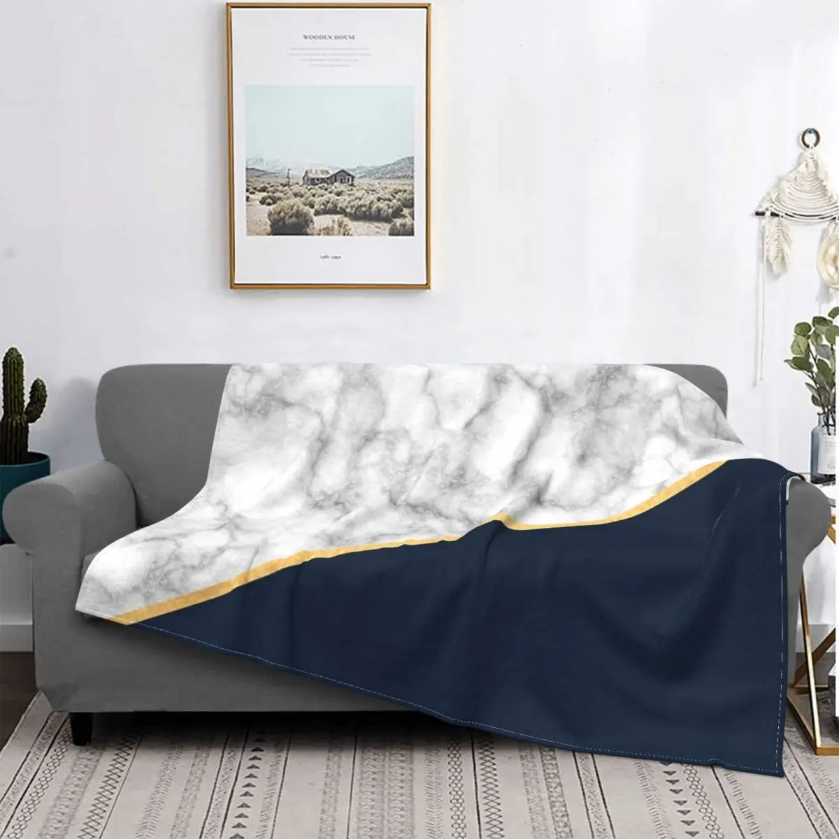 Manta clásica de mármol azul marino para bebé, colcha de cama a...