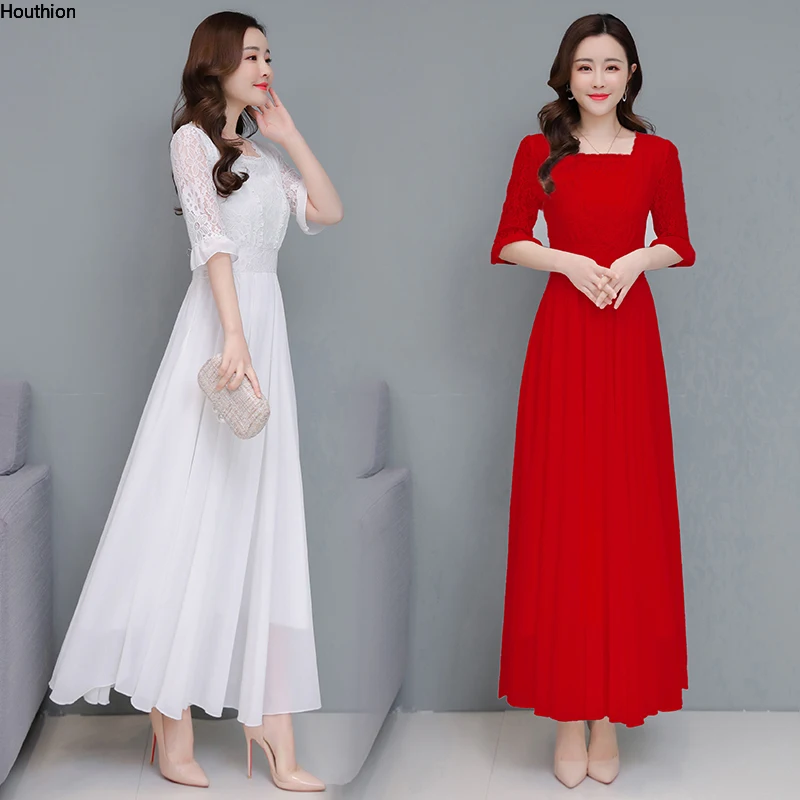 

Houthion Women Dresses Plus Size Chiffon Bohemia Draw Back Dress Solid New Fashion Casual Short Sleeve A-LINE Mid-Calf