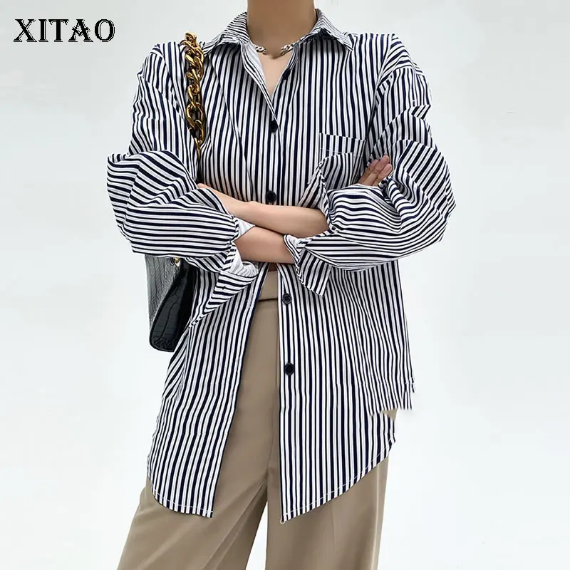 

XITAO/однобортная рубашка в полоску с отложным воротником и вилкой 2021 г. Осеннее поступление, легкая Повседневная модная универсальная рубашк...