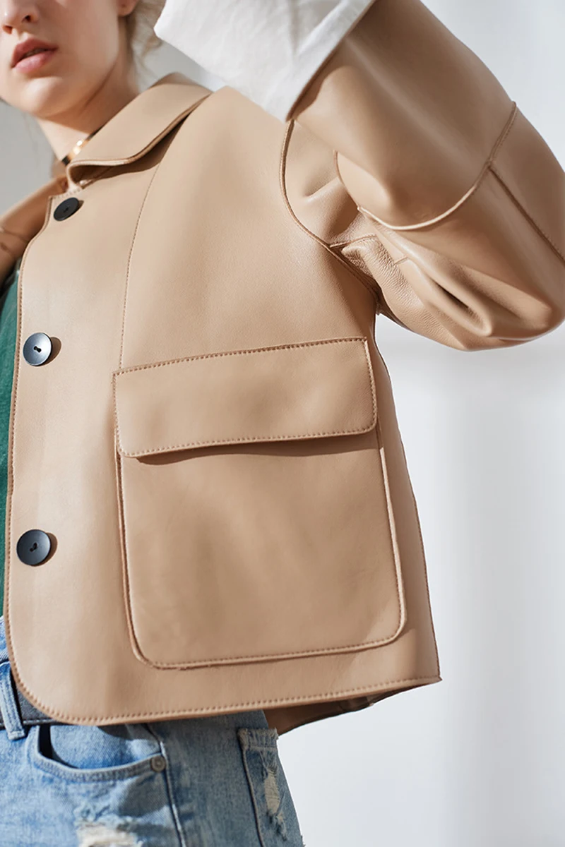 Sheepskin Jacket Women's Double Patch Pocket Spring and Autumn Genuine Leather Clothes Jacket Women's Short Style Fashion