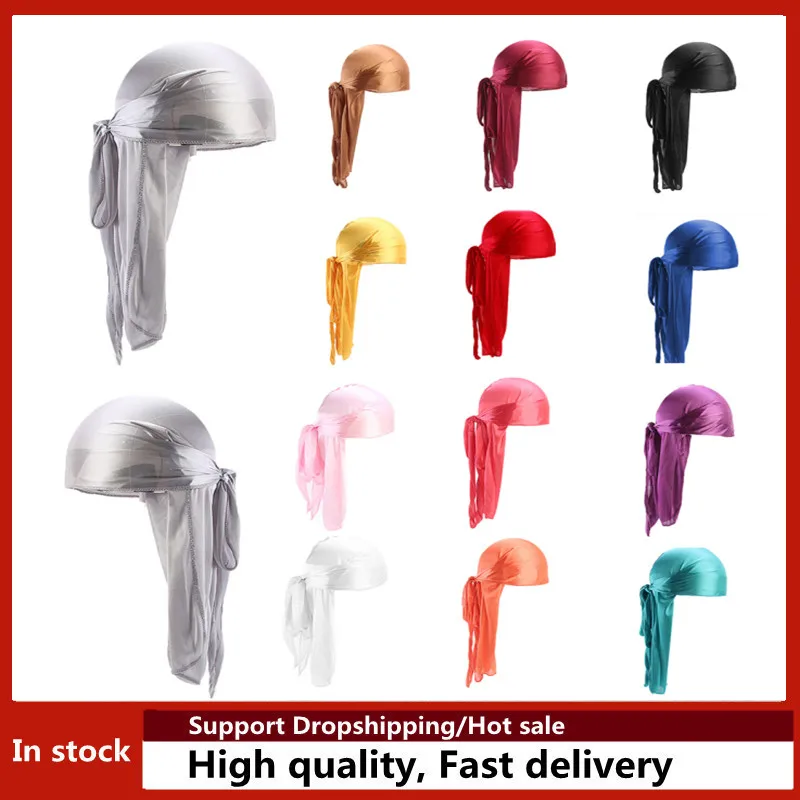 2020 Turban Cap Men Women Satin Durag Headband Hair Accessories Extra Long Tail Du-Rag Wigs Doo Turban Hat Silky Durags Bandanas