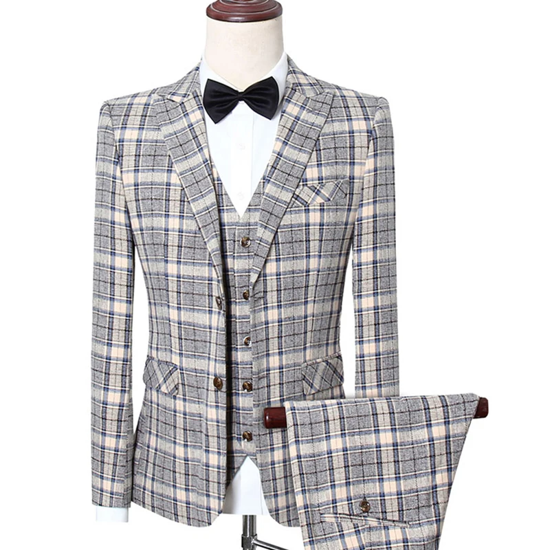 5XL Plaid Mens Suits Wedding Groom Slim Fit Business Suit For Men Stylish Men's Office Elegant Three Piece Prom Wear Q863 | Мужская