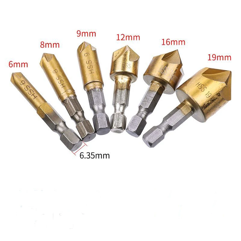 6pcs 6 шт. HSS фаски зенковки фаски сверло 1/" шестигранный хвостовик 90 градусов дерево фаски Резак 6 мм-19 мм - Цвет: 6pcs