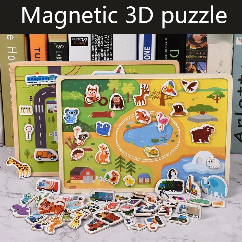 

Wooden Magnetic Puzzle Animal Traffic Vehicle Scenes Game Children Baby Early Educational Learning Toys Jigsaw Puzzles for Kids