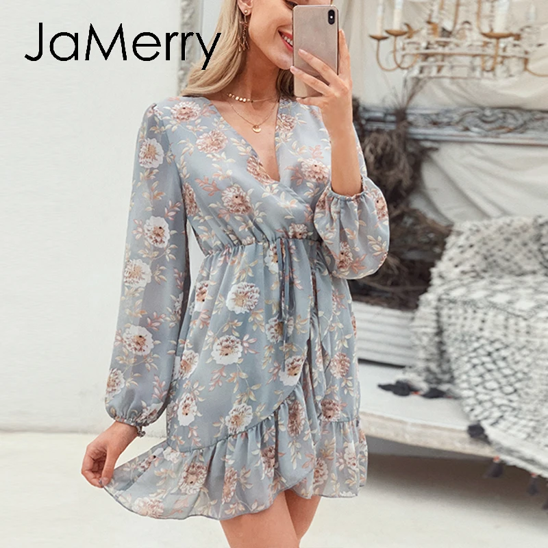 Женское платье с цветочным принтом длинным рукавом и V образным вырезом|Женские