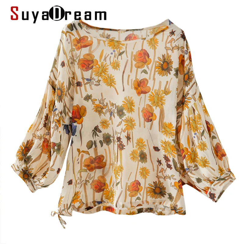 

SuyaDream Woman Floral Summer Blouses 100%Silk Crepe Slash Neck Printed Blouse Shirts 2021 Autumn Top