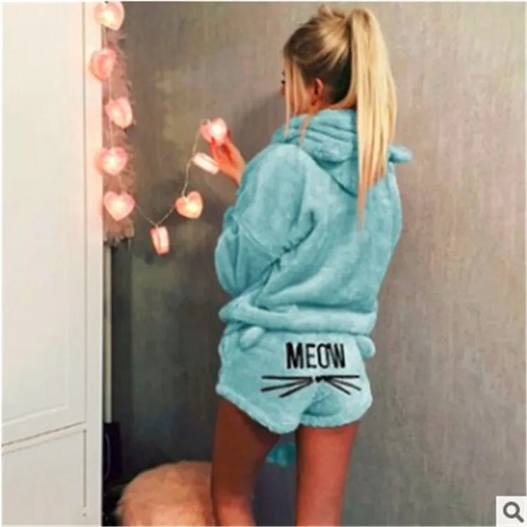 

Autumn women's cat embroidery pajamas hooded casual suit two-piece suit