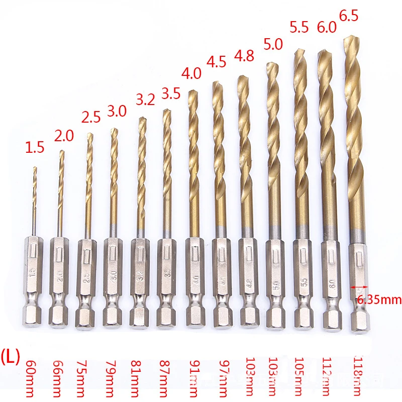13 шт./лот быстрорежущей стали HSS набор сверл с титановым покрытием 1/4 шестигранный
