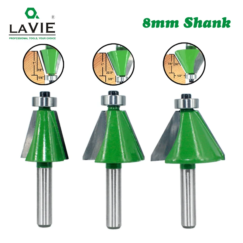 

LAVIE 3pcs Set 8mm Shank Chamfer Router Bits 15 22.5 30 Degree Milling Cutter for Wood Woodorking Bit Machine Tools MC02112