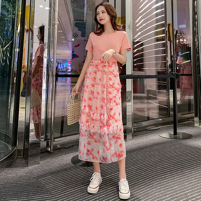 

Pink Maternity Wear Chiffon 2020 Summer New Korean Tshirt Cotton Floral Skirt Two-piece Suit Nursing Dress