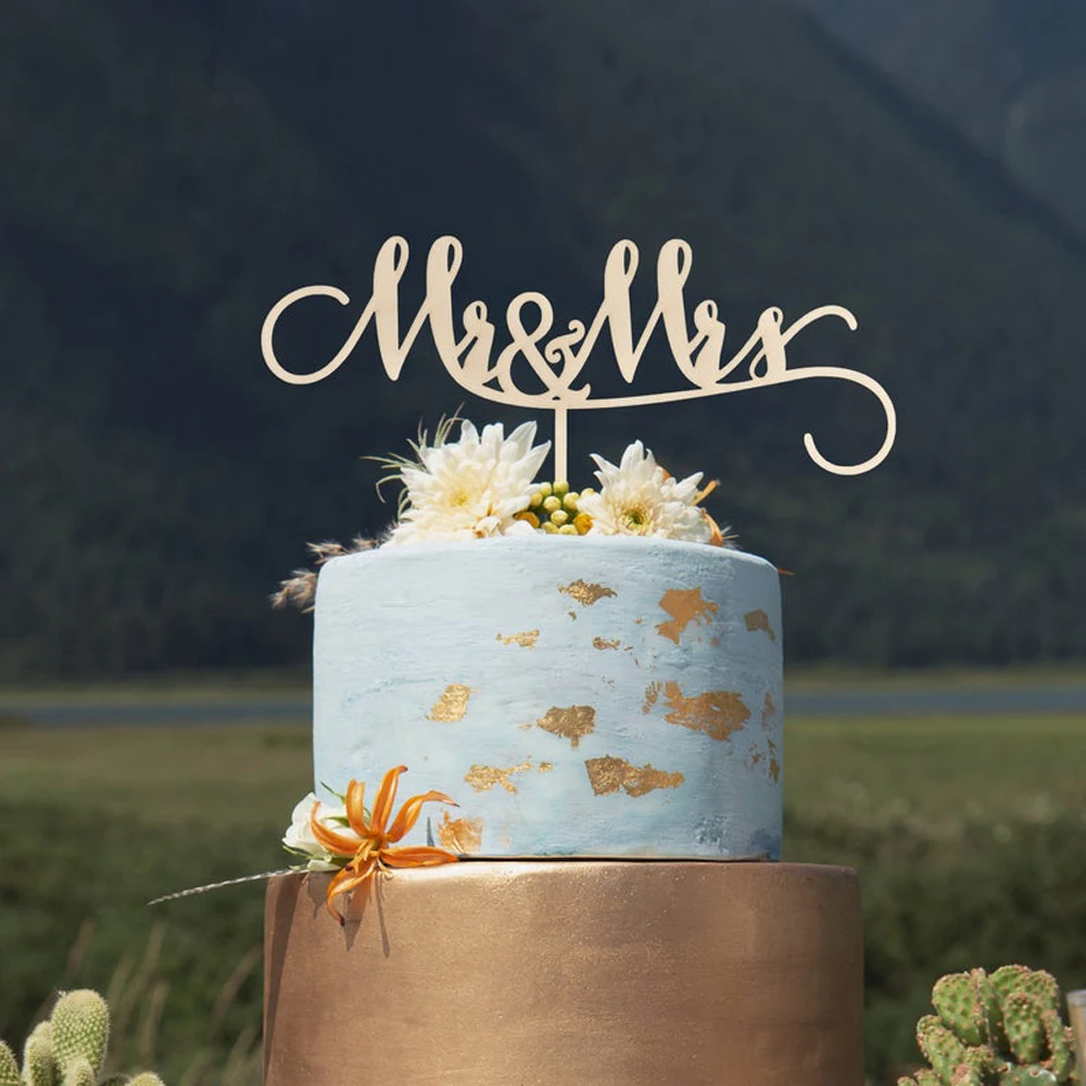

Mr and Mrs Wedding Cake Topper, Personalized Wooden Anniversary Cake Topper, Rustic Wedding Party Decor Gold Mirror Silver