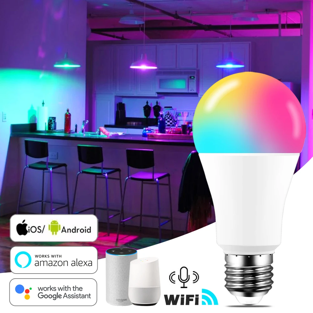 

Умсветильник лампа B22 E27 с Wi-Fi, 15 Вт, светодиодная лампа RGB, работает с Alexa/Google Home, 85-265 в, RGB + белый, с регулируемой яркостью, функция таймера, волш...