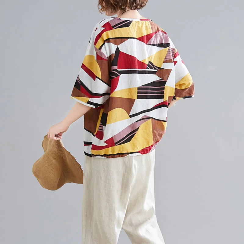 2020 летняя футболка размера плюс Женская Геометрическая большого из хлопка и льна
