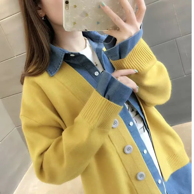 

2021 New Autumn And Winter Denim Stitching Knitted Fake Two-piece Cardigan Women's Loose Lazy Style Solid Color Sweater Coat