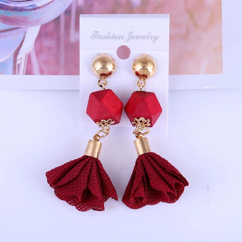 Red Liuxsp женские тканевые висячие серьги с кисточками, длинные серьги, Мода, новые серьги с подвеской, деревянные тканевые женские серьги, лучший подарок - Окраска металла: Red