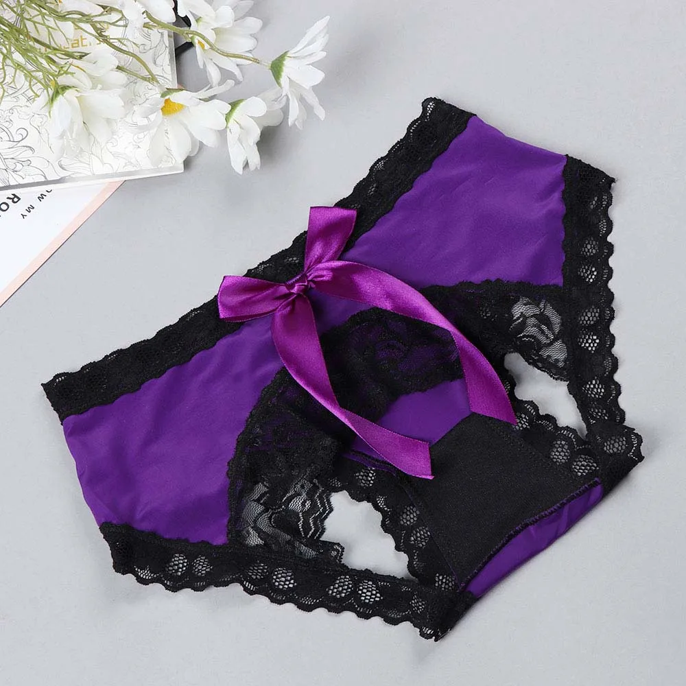 Purple Женские сексуальные трусики с бантиком на бедрах, трусики без выреза, женские пикантные трусики, нижнее белье, трусы с открытой промежностью - Цвет: Purple