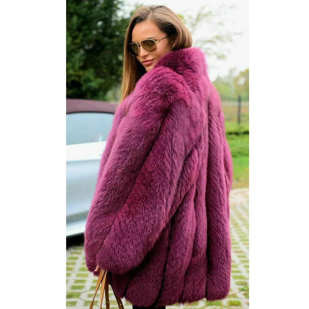 Natural Fox Fur Coats for Women Winter Fashion 2022 New Whole Skin Purple Red Mid-length Genuine Fox Fur Jacket Stand Collar