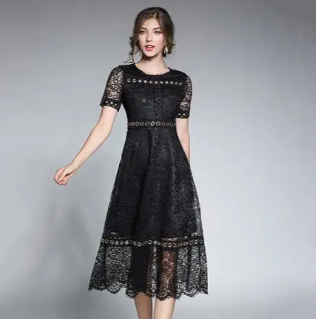 Женское подиумное горячее кружевное длинное платье с круглым вырезом короткий