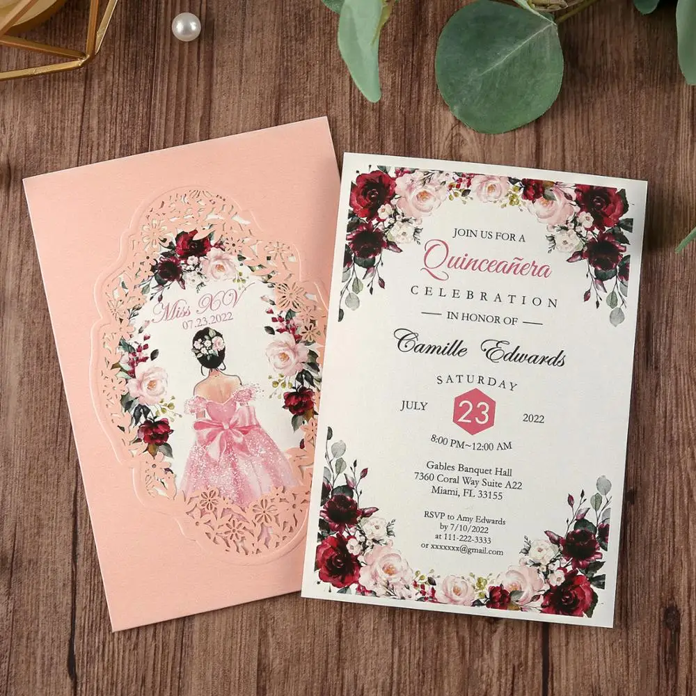 

50pcs Pink Navy Blue Gold Burgundy Vertical laser cut Universal Engagement Anniversary party wedding invitation