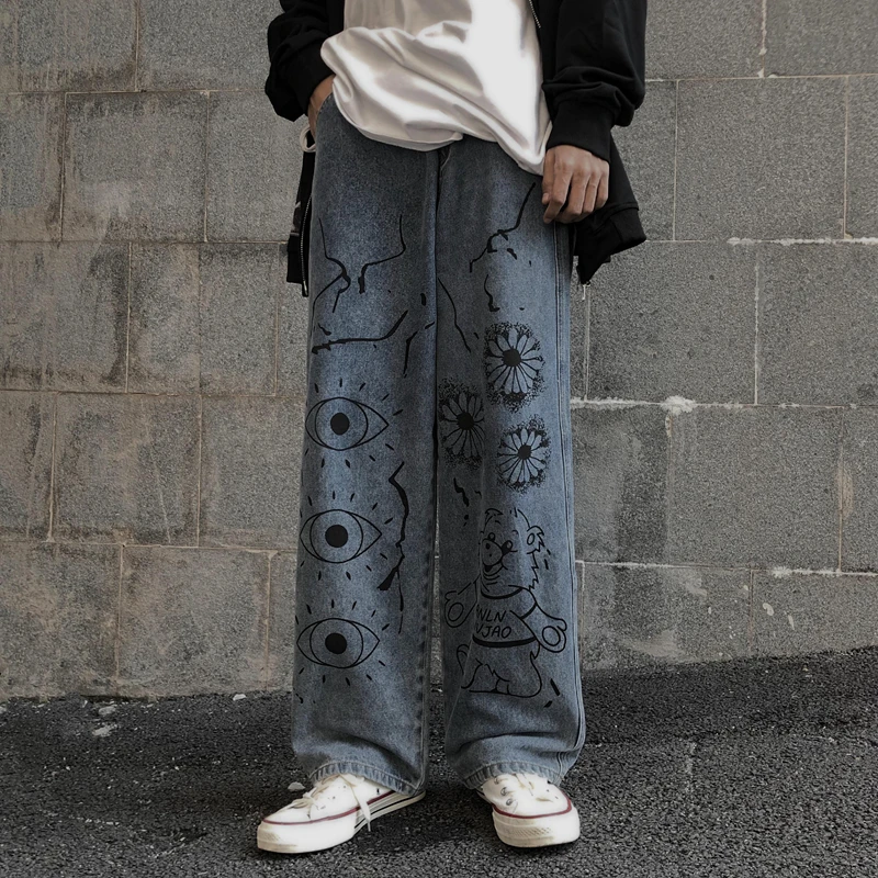 

2021 Spring Pants Fashion Women's Jeans Korean Retro Washed Jeans Bear Cartoon Print Wide Leg Pants Commuter Jeans Trousers