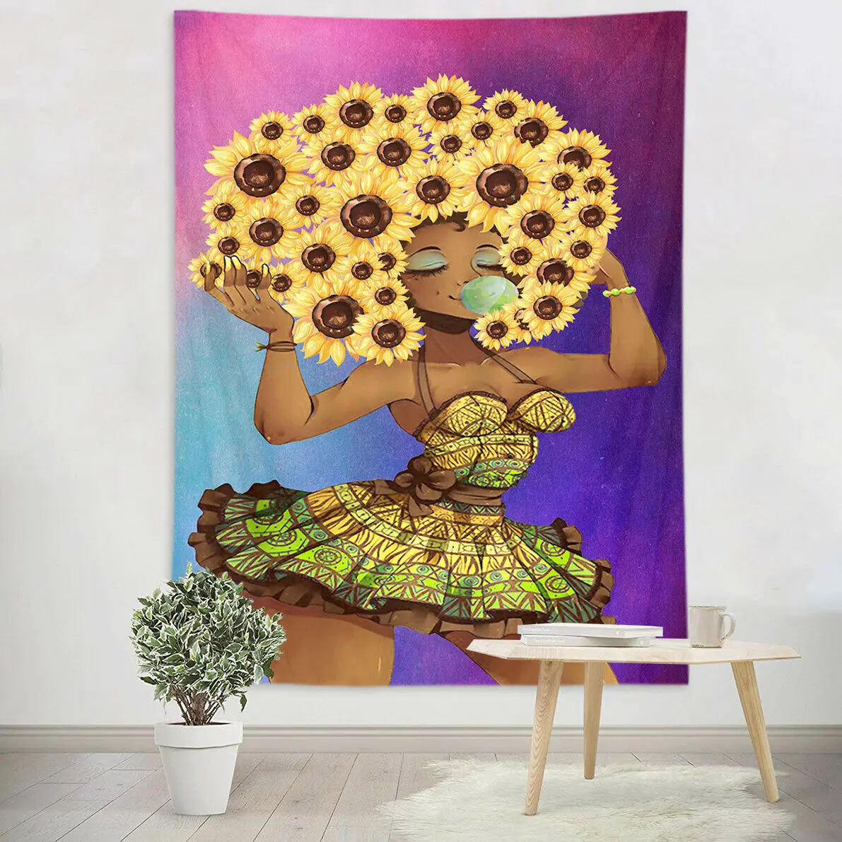 

African Woman Sunflower Girl Tapestry Wall Hanging Bedroom Decor