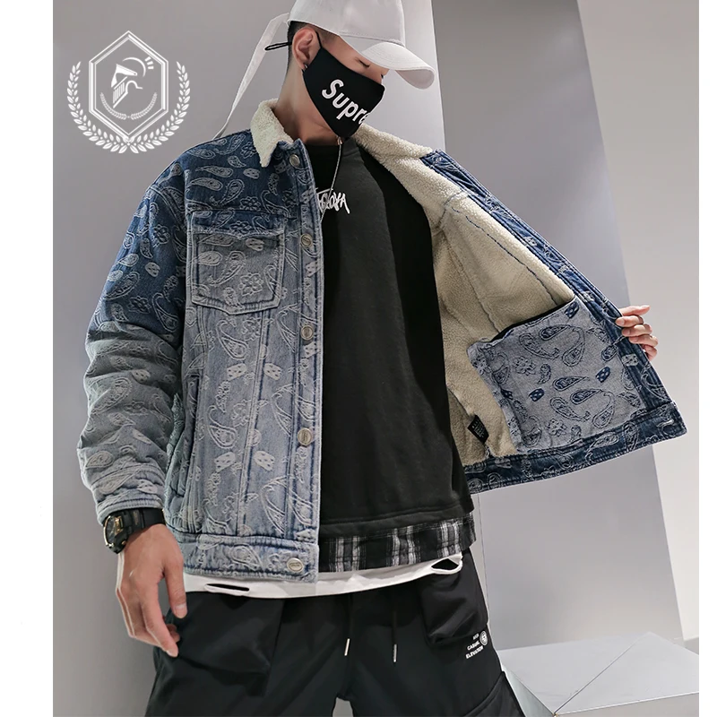 Golomise Men Fashion Loose Embroidery Fleece Heavyweight Denim Jacket Casual Pockets Hip Hop Parkas Coat | Мужская одежда