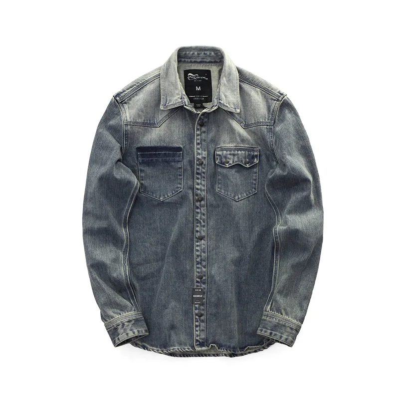 Джинсовая рубашка II50CS мужская с принтом винтажная блузка из денима приталенная