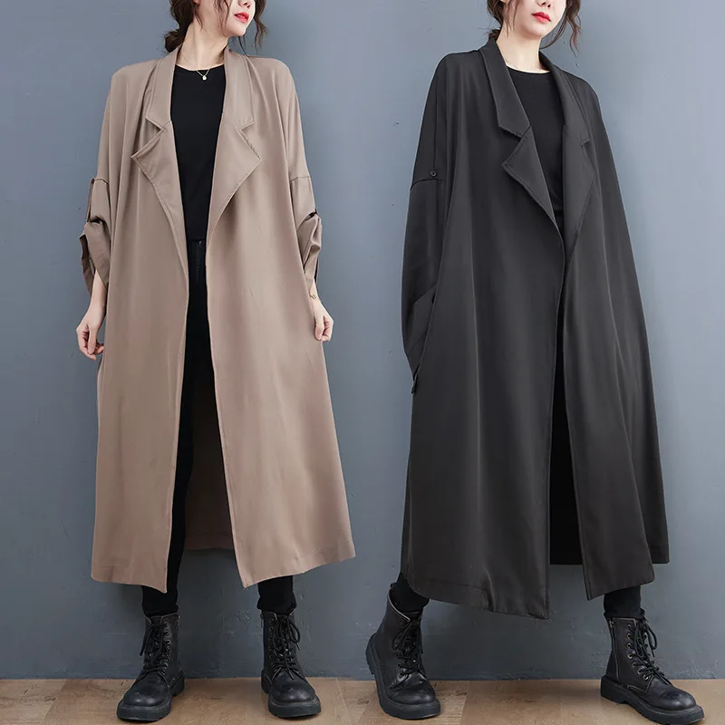 SuperAen 2022 Spring Autumn Fashion Notched Solid Plus Size Windbreaker Coat Long Slim Loose Jackets |