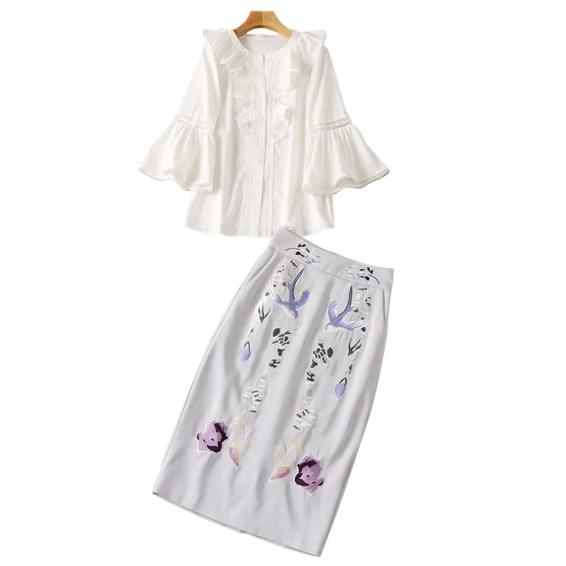 

Ruffled Flare Sleeve White Blouses + Flowers And Birds Embroidered Bodycon Midi Skirt