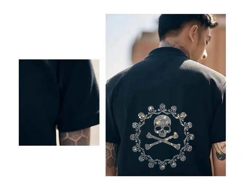 

Harajuku New Men's Fashion Brand POLO Shirt Summer Popular Cotton Clothing High Stretch Shiny Hot Diamond Skull Short Sleeves