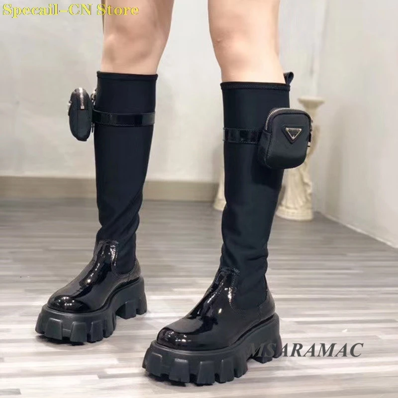 Kopen Hoogte Toenemende Platform Knie Laarzen Ronde Neus Lange Chelsea Laarzen Elastische Sok Laarzen Winter Pocket Motorlaarzen Schoenen Vrouwen