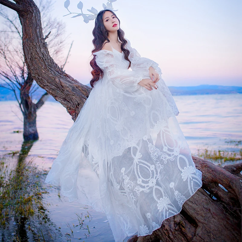 

Hollow Out White Dress Sexy Women Lace Dress V-Neck Long Sleeve Crochet Holiday Beach Party Dress Mesh Embroidery Vestidos