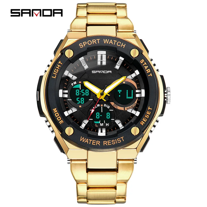 

Часы наручные SANDA Мужские Цифровые, модные роскошные водонепроницаемые автоматические ударопрочные с календарем и золотым ремешком, 2022, 783