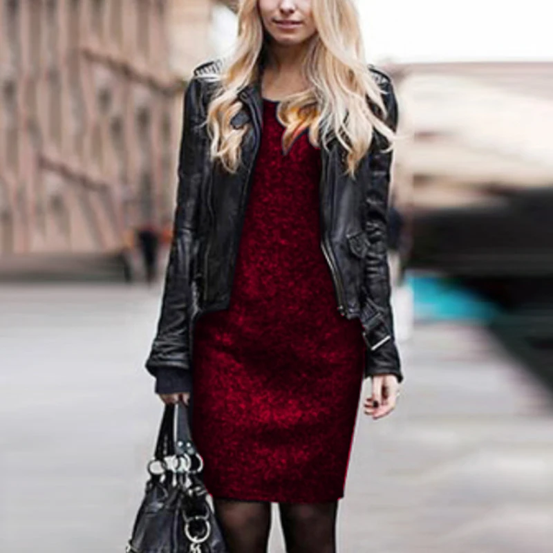 Autumn Winter Ladies Velvet Dress Round Neck Long Sleeve Knitted Sweater Mini Warm Commute Slim Fit Clothes | Женская одежда
