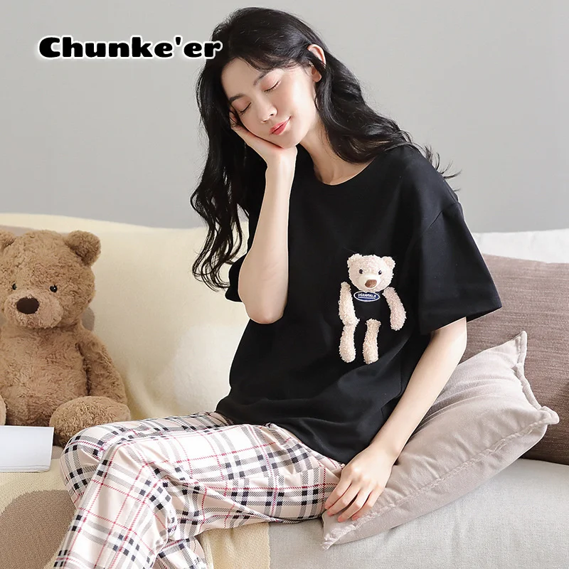 

Pajamas Women's Summer Pure Cotton Cartoon Cute Short Sleeved Trousers Leisure Suit Can Be Worn Outside Home Clothes Korean