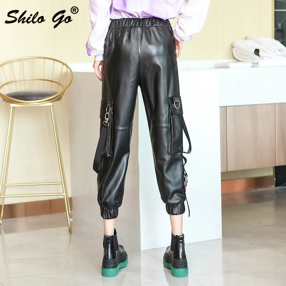 

Streetwear Safari Style Pants Womens Winter Casual Pockets Detail Genuine Leather Harem Pants Lady Black Plus Sheepskin Trousers