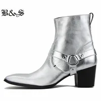 Black&Street wyatt 5.6cm heel pionted toe buckle strap men high heel Boots genuine leather western Chelsea denim botas plus size