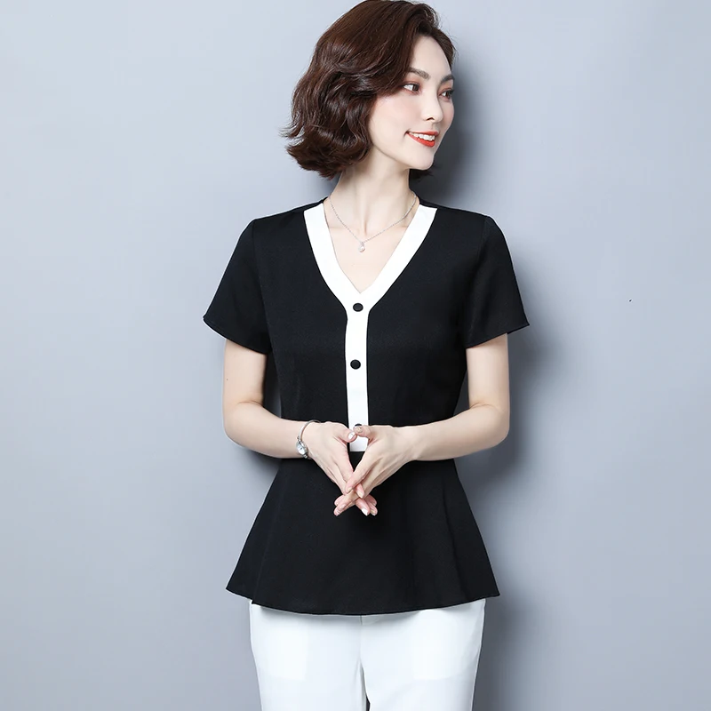 

COIGARSAM 3XL Plus Size Short Sleeve blouse women Summer Chiffon Panelled V-Neck blusas womens tops and blouses Black 6992