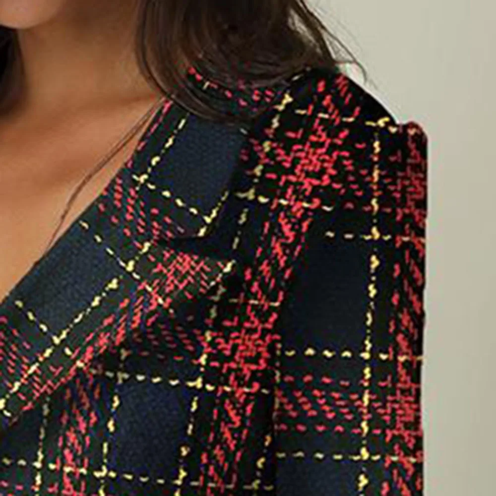 Женское клетчатое платье с блейзером осень и зима сексуальное v-образный вырез