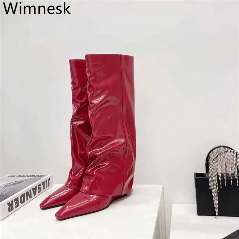 

New Brand Design Wedges Knee High Red Boots Female Pointed Toe Leather Knight Boots Woman Fashion Boots Zipper Boots Women 2021