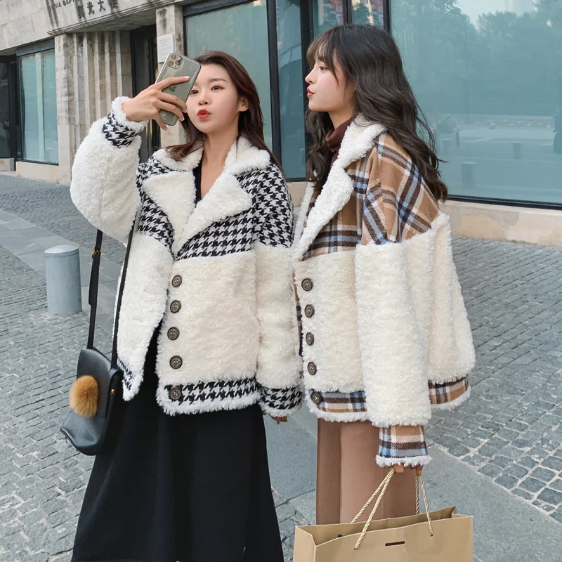 

Woolen women's winter new Korean style loose short stitching lamb wool houndstooth coat winter women's jacket