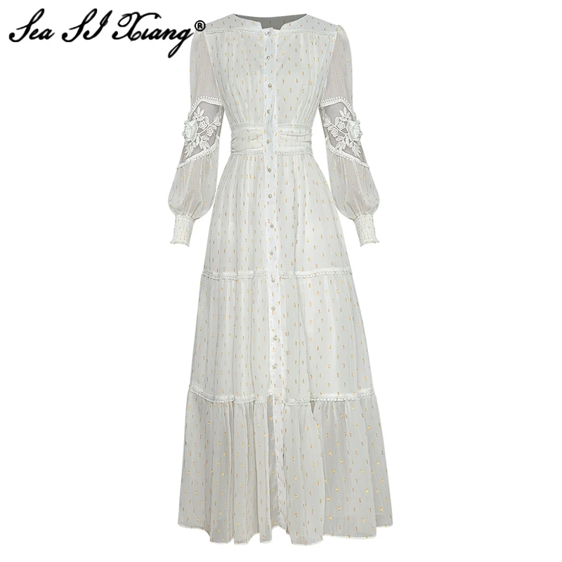 

Seasixiang Fashion Designer Spring Long Chiffon Dress Women Lantern Sleeve Embroidery Appliques Single Breasted Vacation Dresses
