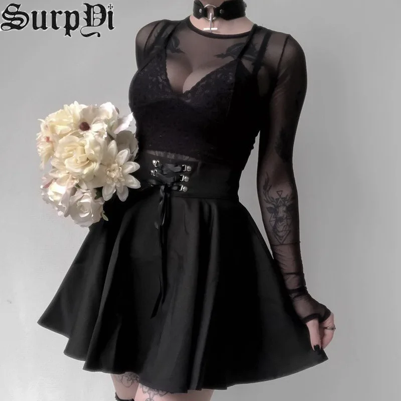 

Women High Waist Gothic Pleated Lacing Mini Skirts Punk Black Skirt Casual Streetwear Black Feminina A-line Party Skirt