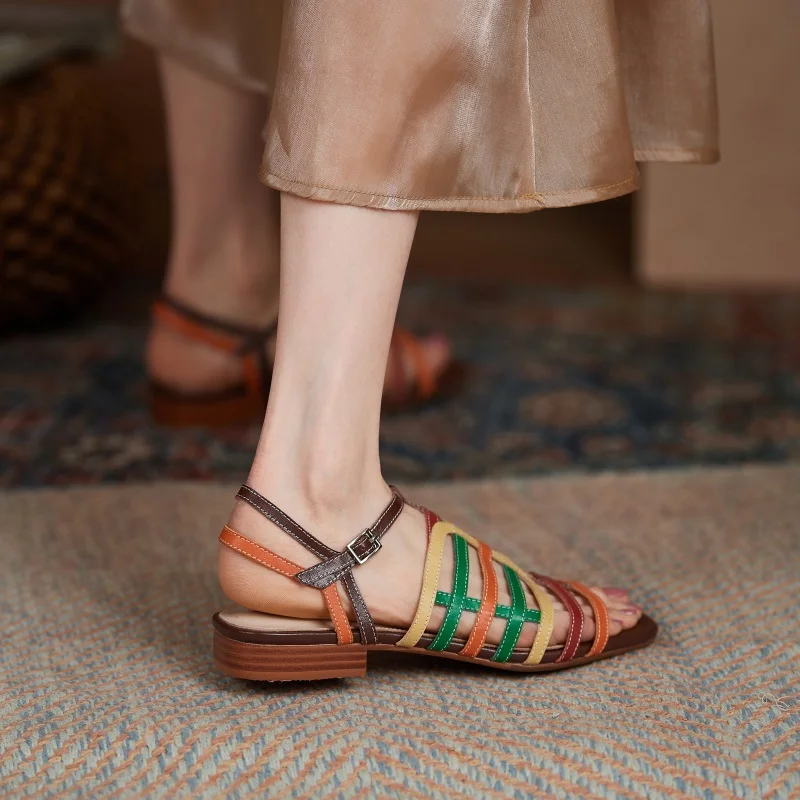 

summer shoes women flat sandals buckle open toe gladiator female sandals leather fashion mixed color narrow band casual shoes