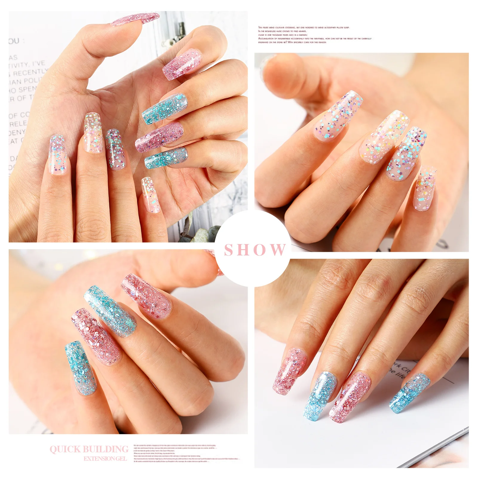 

4/6PCS Poly Extention Gel Set Nail Art 15ML Crystal Builder Clear Sequin Cat Eye Colors With 150ML Slip Soloution Liquide