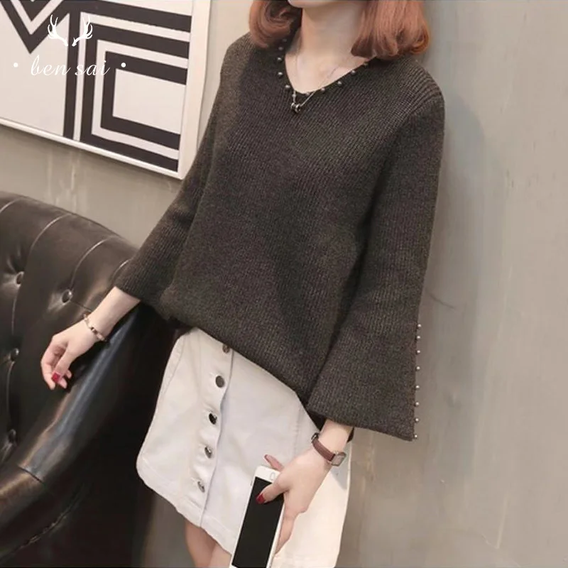 Women V-neck Knitted Sweater Solid Color Trumpet Sleeve Pearl Beaded Temperament Spring Autumn New | Женская одежда