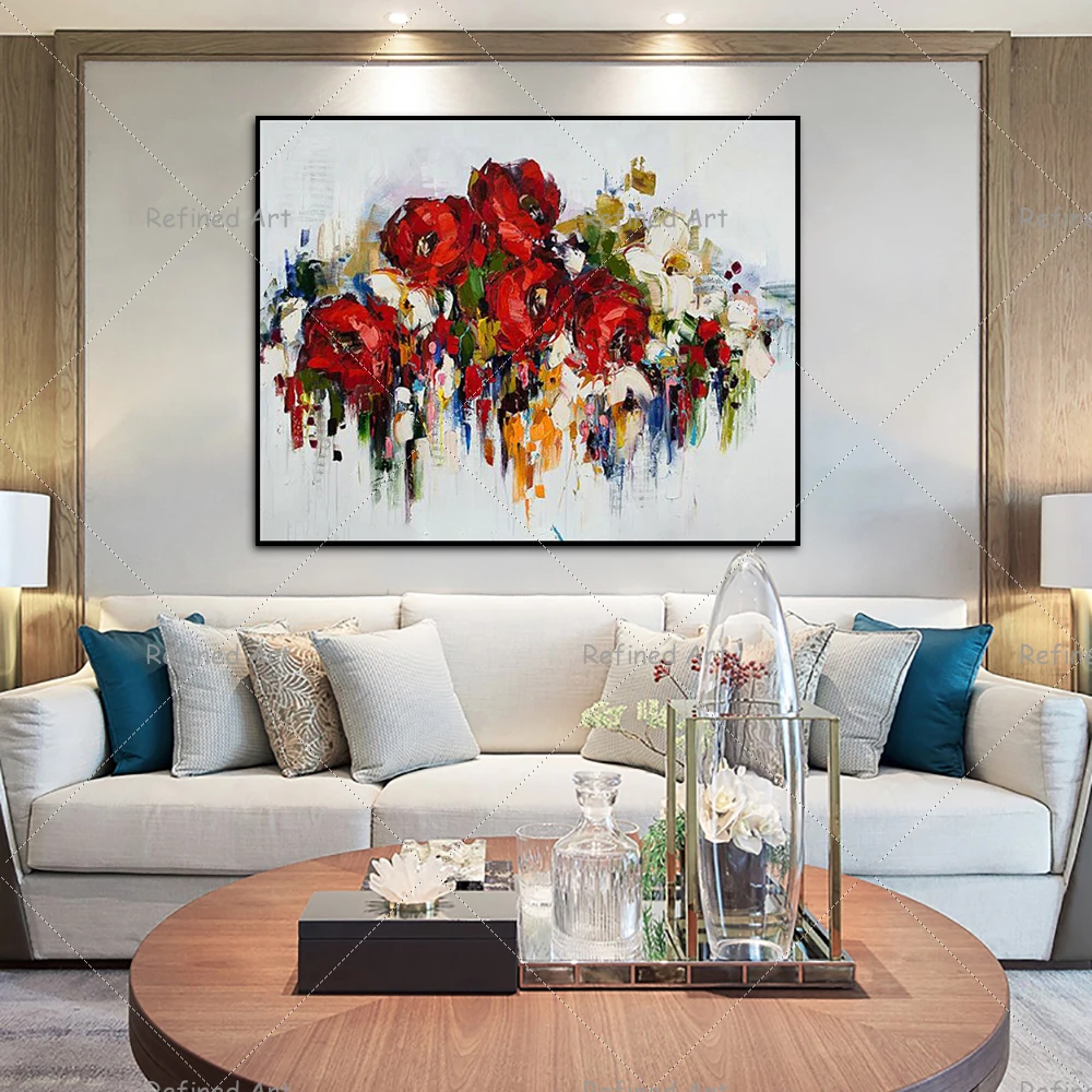 Paleta de pintura al &oacute;leo pintada a mano, Arte abstracto colorido de flor de Rosa, lienzo para decoraci&oacute;n de pared del hogar y sala de estar-5